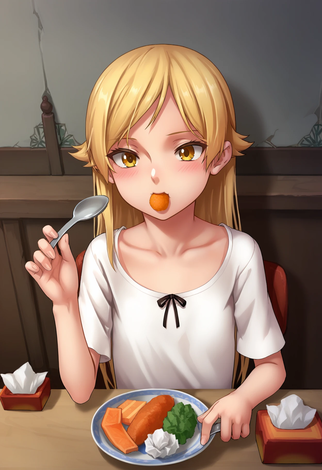 score_9, best quality, masterpiece, uncensored, source_anime
BREAK
1girl, oshino shinobu, yellow eyes, white dress, long hair, blonde hair, blush, collarbone, eating, electric fan, female focus, food, holding, holding spoon, indoors, plate, rice, sitting, solo, spoon, table, tissue box
<lora:as109_pony_v3:1>