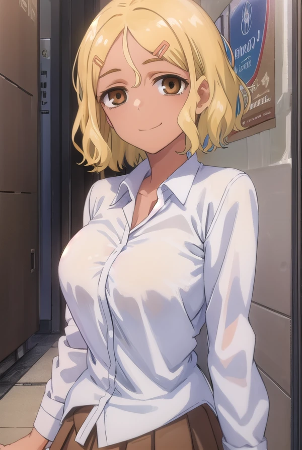 ijiranaidesakura, <lora:ijiranaide sakura s1s2-lora-nochekaiser:1>,
sakura, short hair, blonde hair, hair ornament, (brown eyes:1.5), hairclip, dark skin, dark-skinned female, smile,
BREAK skirt, school uniform, pleated skirt, shoes, socks, loafers, gyaru, loose socks, kogal,
BREAK indoors, classroom,
BREAK looking at viewer, (cowboy shot:1.5),
BREAK <lyco:GoodHands-beta2:1>, (masterpiece:1.2), best quality, high resolution, unity 8k wallpaper, (illustration:0.8), (beautiful detailed eyes:1.6), extremely detailed face, perfect lighting, extremely detailed CG, (perfect hands, perfect anatomy),