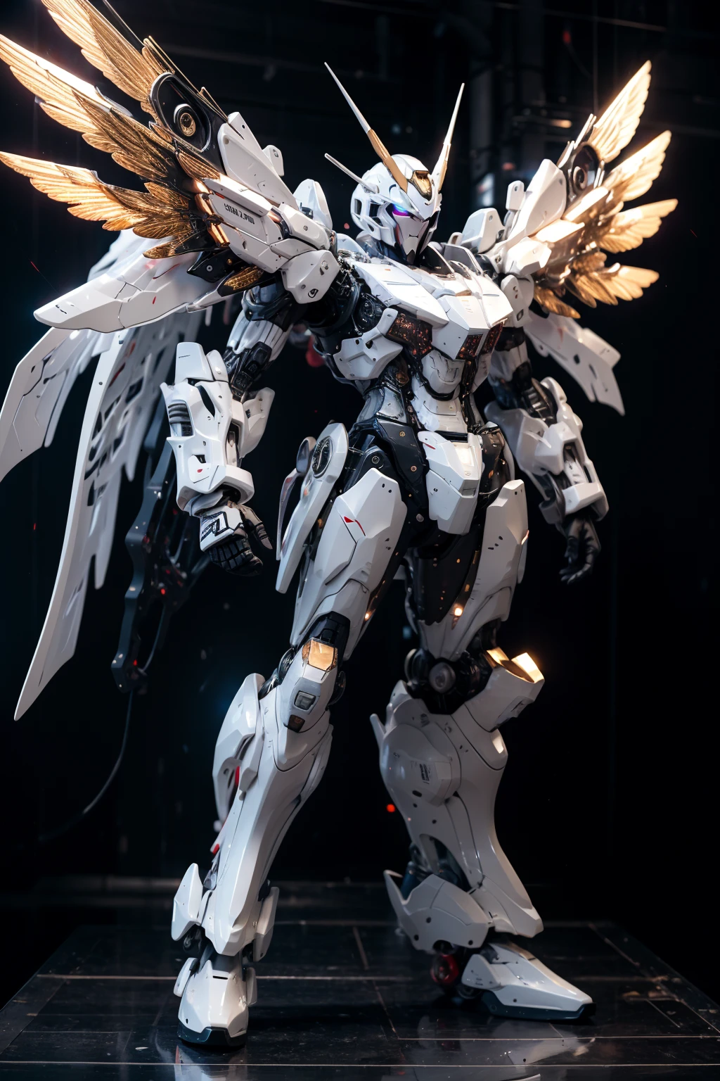 BJ_Gundam,solo,wings,standing,no_humans,glowing,robot,mecha,clenched_hands,science_fiction,looking_ahead,
cinematic lighting,strong contrast,high level of detail,Best quality,masterpiece,White background,<lora:Gundam_Mecha_v3_1:0.7>