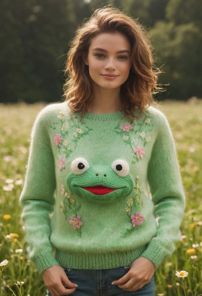 freckled natural woman with 80s fluffy knitted frog icon sweater, green frog icon, smiling to camera infront of romantic flower meadow, frog logo, frog icon, 
 very detailed, atmospheric haze, Film grain, cinematic film still, shallow depth of field, highly detailed, high budget, cinemascope, moody, epic, OverallDetail, gorgeous, 2000s vintage RAW photo, photorealistic, candid camera, color graded cinematic, eye catchlights, atmospheric lighting, skin pores, imperfections, natural, shallow dof