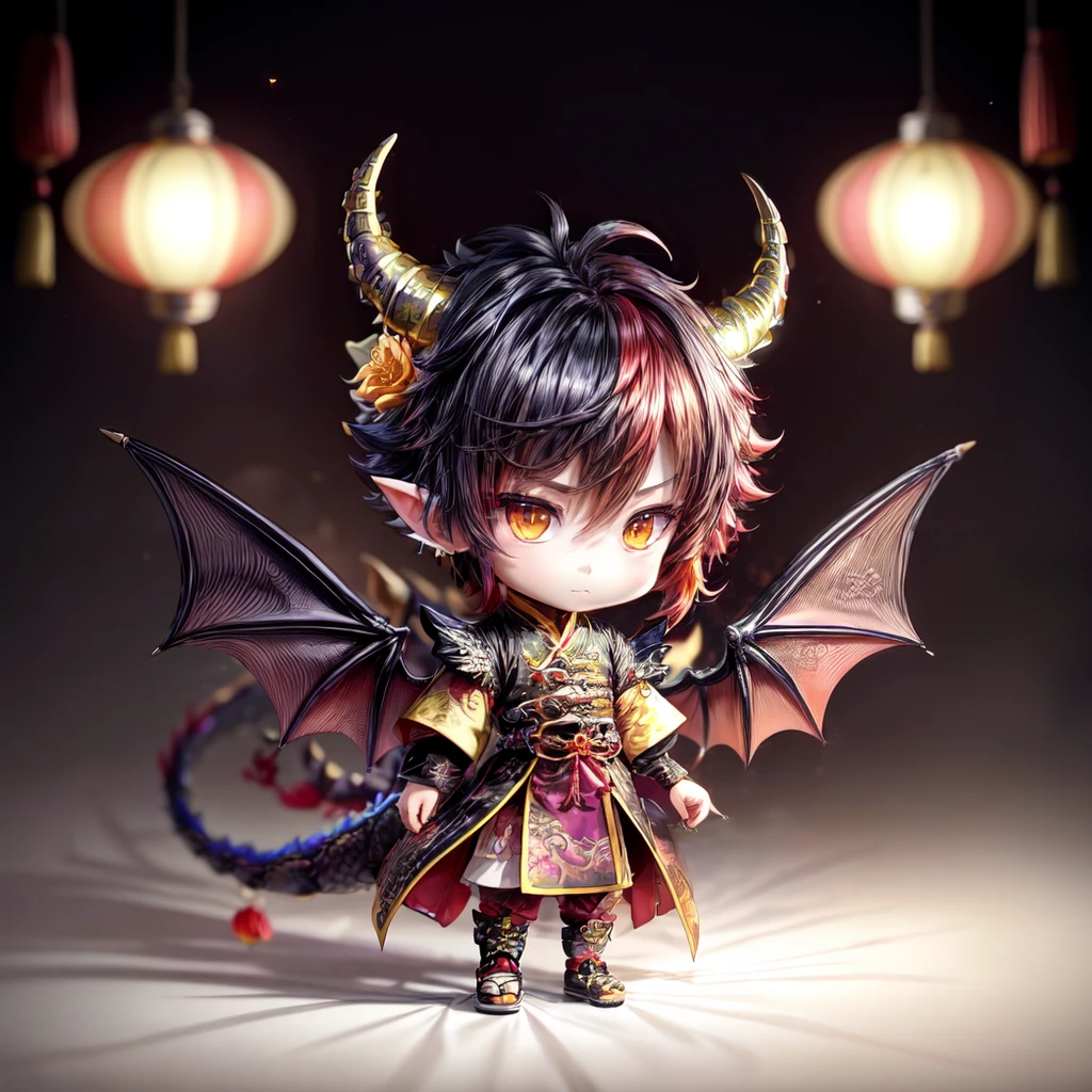 LunarChibiDragon,<lora:LunarChibiDragon:1>,solo,looking at viewer,short hair,yellow eyes,hair ornament,1boy,jewelry,redhair,tail,full body,flower,male focus,multicolored hair,earrings,wings,horns,hair flower,chibi,:3,colored skin,dragon horns,lantern,dragon tail,scales,paper lantern,dragon wings,dragon boy,chibi,lunar new year,yellow cultural chinese clothes with black lines,detailed backround,
<lora:add_detail:0.8> <lora:more_details:0.8>