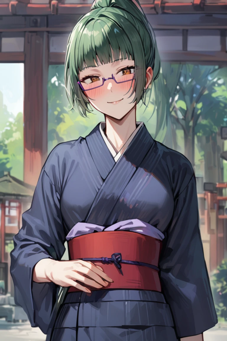masterpiece, best quality, ultra detailed, BREAK
1girl, solo, female, maki exp, green hair, ponytail, long hair, brown eyes, purple glasses, side locks, bangs, 
yukata, japanese cothing, japanese background,, outdoors,,, light smile, , cowboy shot, blush,, looking at viewer, colorful, vivid, <lora:Maki_Zenin_XL-000009:1>