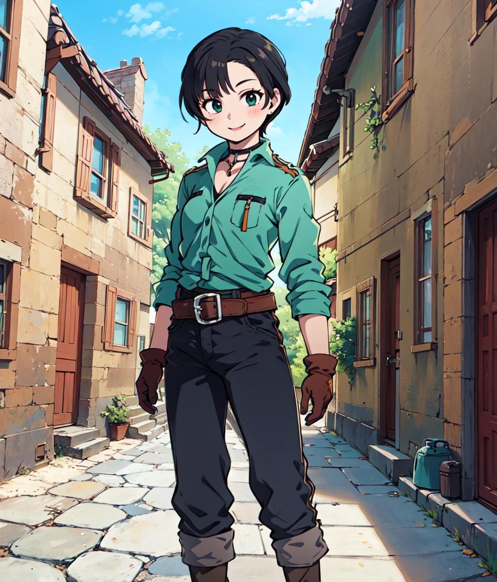 masterpiece, anime screencap, 1girl, solo, mature woman, short hair, black hair, green shirt, black pants, gloves, boots, standing, smile, outdoors, medieval town, full body, cowboy shot <lora:Queen:1>