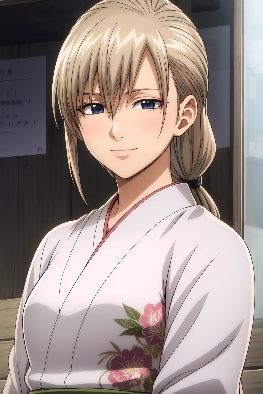 (RAW photo, best quality), masterpiece, an extremely delicate and beautiful, extremely detailed, 2k wallpaper, Amazing, finely detail, extremely detailed CG unity 8k wallpaper, ultra-detailed, highres, soft light, beautiful detailed girl, extremely detailed eyes and face, beautiful detailed nose, beautiful detailed eyes, cinematic lighting, perfect anatomy, beautiful body, hi-res, best quality, masterpiece, 1girl, solo, long hair, blue eyes, blonde hair, ponytail, nishiki_ikumatsu, kimono, japanese clothes, smile, outdoor
