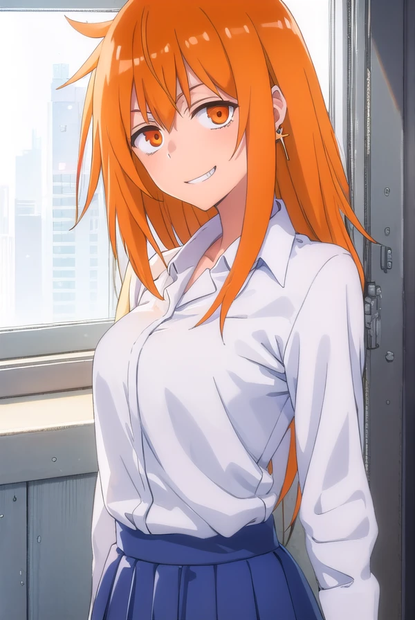 makigamou, <lora:maki gamou s1s2-lora-nochekaiser:1>,
maki gamou, long hair, orange hair, (orange eyes:1.3), sanpaku, smile, grin,
BREAK skirt, shirt, jewelry, school uniform, white shirt, pleated skirt, earrings, blue skirt,
BREAK indoors, classroom,
BREAK looking at viewer, (cowboy shot:1.5),
BREAK <lyco:GoodHands-beta2:1>, (masterpiece:1.2), best quality, high resolution, unity 8k wallpaper, (illustration:0.8), (beautiful detailed eyes:1.6), extremely detailed face, perfect lighting, extremely detailed CG, (perfect hands, perfect anatomy),