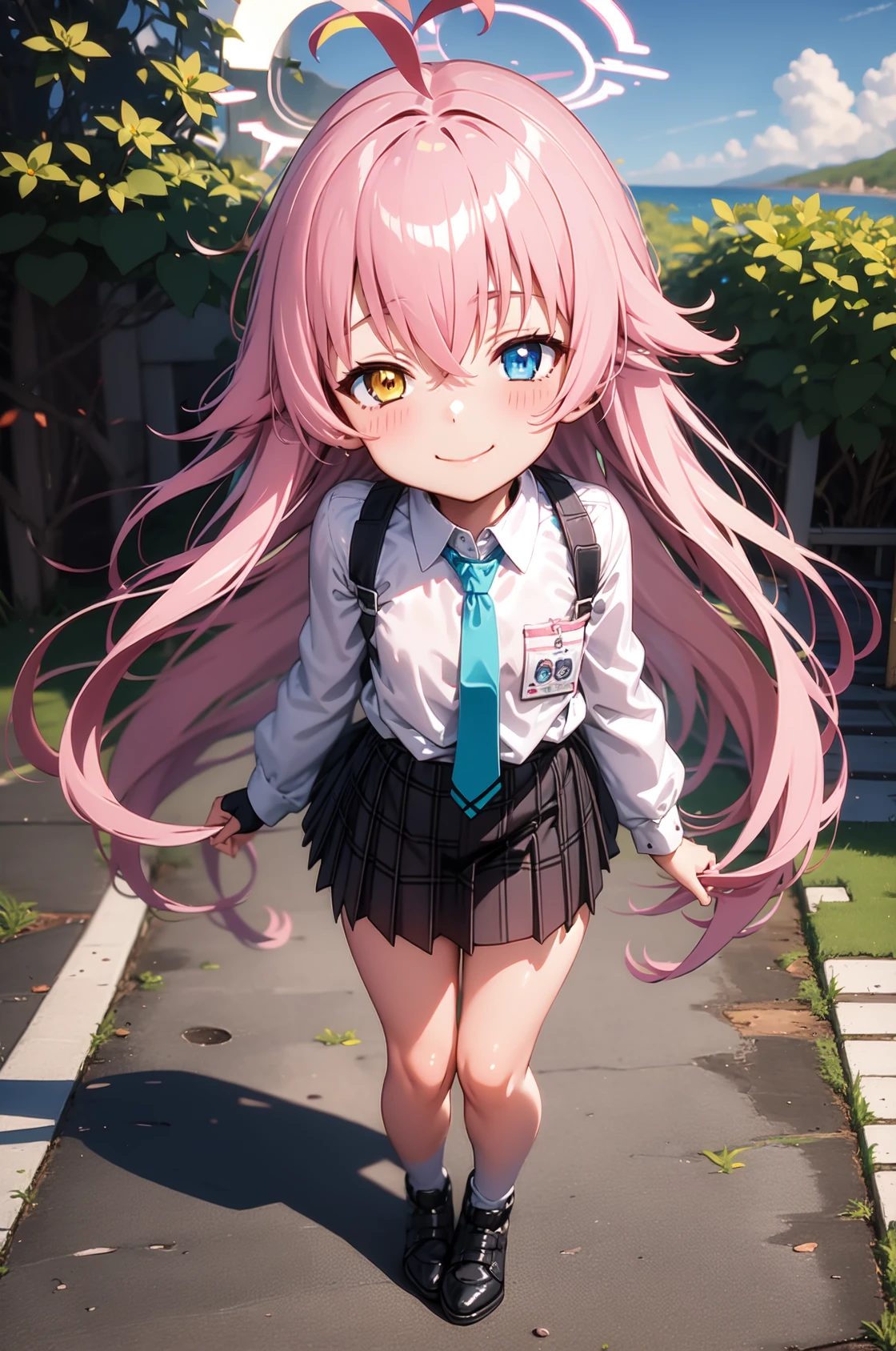 1girl, solo, (masterpiece, best quality), outdoors, blush, thighs, standing, flat chest, long sleeves, hoshino, pink hair, long hair, hair between eyes, ahoge, yellow eyes, blue eyes, heterochromia, halo, collared shirt, puffy sleeves, blue necktie, chest harness, shoulder strap, black skirt, pleated skirt, plaid skirt, fingerless gloves, smile, closed mouth, full body, from above