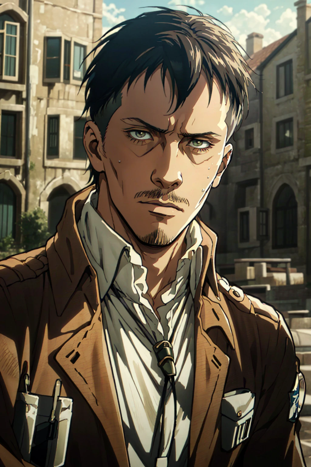 (1 image only),  solo male,  1boy,  Nile Dok,  Attack on Titan,  lean,  facial hair,  light mustache,  light goatee,  dark brown eyes,  black hair,  short hair,  paradis military uniform,  handsome,  mature,  charming,  alluring,  upper body in frame,  perfect anatomy,  perfect proportions,  8k,  HQ,  (best quality:1.2,  hyperrealistic:1.2,  photorealistic:1.2,  masterpiece:1.3,  madly detailed photo:1.2),  (hyper-realistic lifelike texture:1.2,  realistic eyes:1.2),  high_resolution,  perfect eye pupil,  dutch angle,<lora:EMS-498-EMS:0.600000>,<lora:EMS-288708-EMS:0.700000>