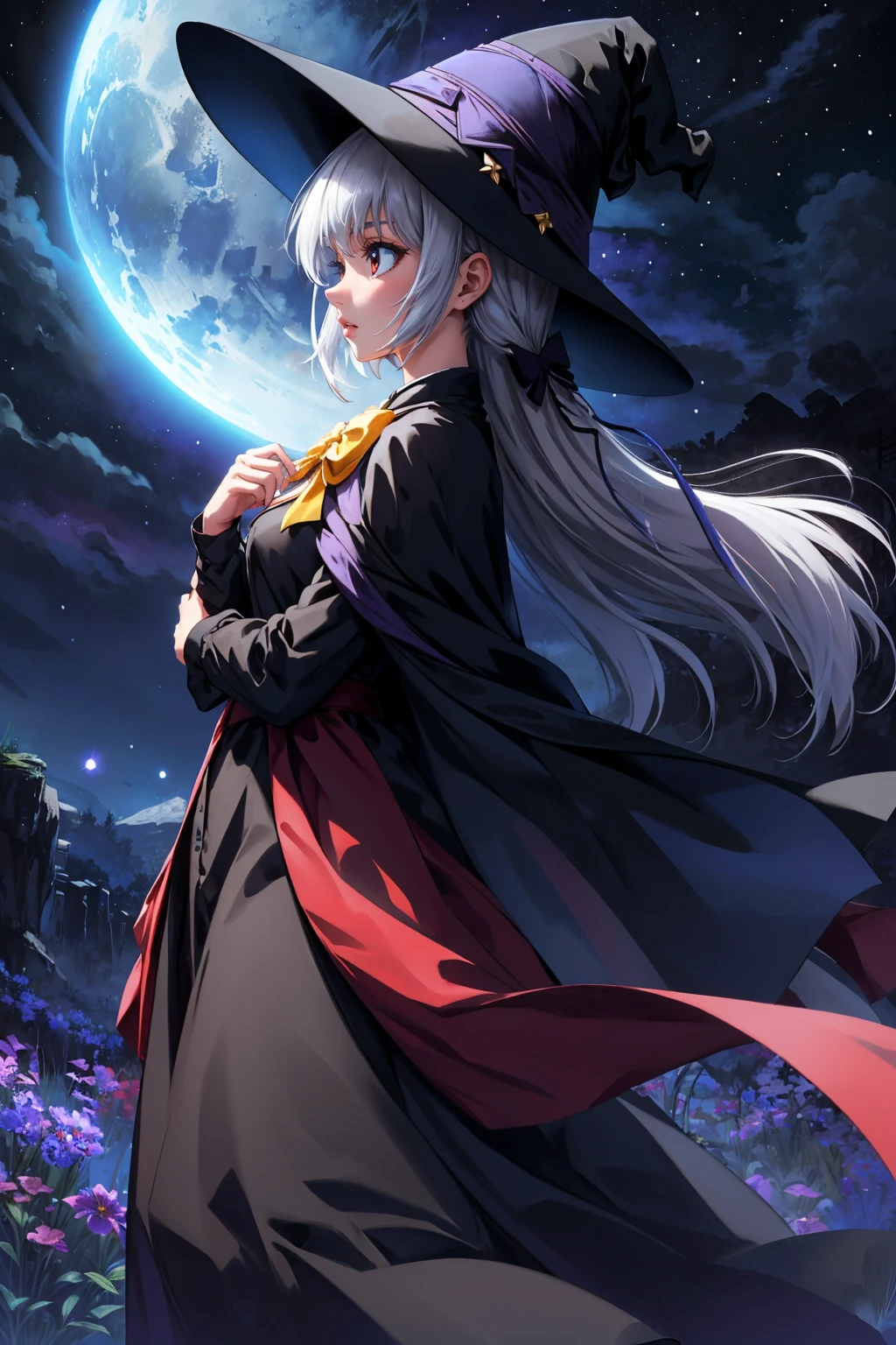 masterpiece, best quality, <lora:kamishiroalice-nvwls-v1-000009:0.8> kamishiro alice, witch hat, hair ornament, black dress, black skirt, long dress, black cape, yellow bow, profile, night sky
