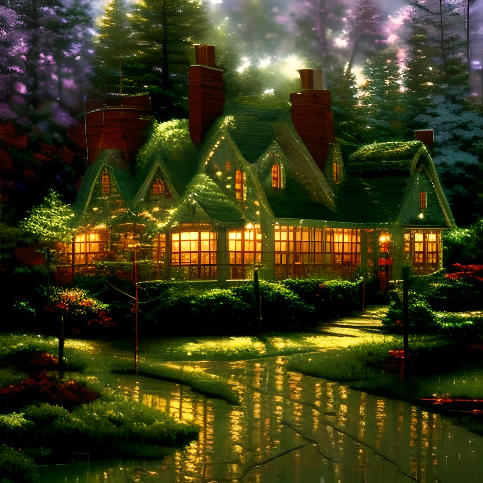 <lora:kinkade:1> oil painting kinkade style, of beautiful house in the green garden, water reflection in asphalt,cozy feel, nostalgia, high res, winter, snow ambient, christmas time, littles lights4k,8k  <lora:lcm-lora-sdv1-5:1>