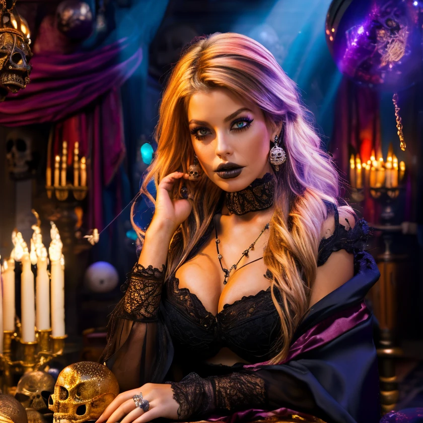 (masterpiece:1.2), (best quality,:1.2), 8k, HDR, ultra detailed, ((photorealistic)), perfect anatomy, professional light, cinematic lighting, fashion photography, ambient lighting, Bridgette, <lora:Bridgette-10:1>, earrings, choker, jewelry, dark makeup, long and wild and messy hair, ((upper body shot)), dynamic pose, looking at viewer, as a fortune teller, wearing robes, <lora:detail_slider_v4:2.5>, <lora:RPGFortuneTeller:0.6>, in a fortune teller shop, round table with chrystal ball, a skull, a candle, mysterious lighting, FanInt  ((perfect hands)), <lora:FantasyInteriors-10:0.7>, epiCPhoto