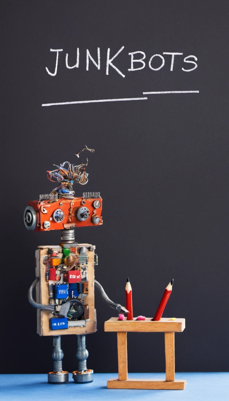 <lora:JunkBots_XL:1> A character (writes the words "JUNKBOTS XL" on a chalkboard:1.2)