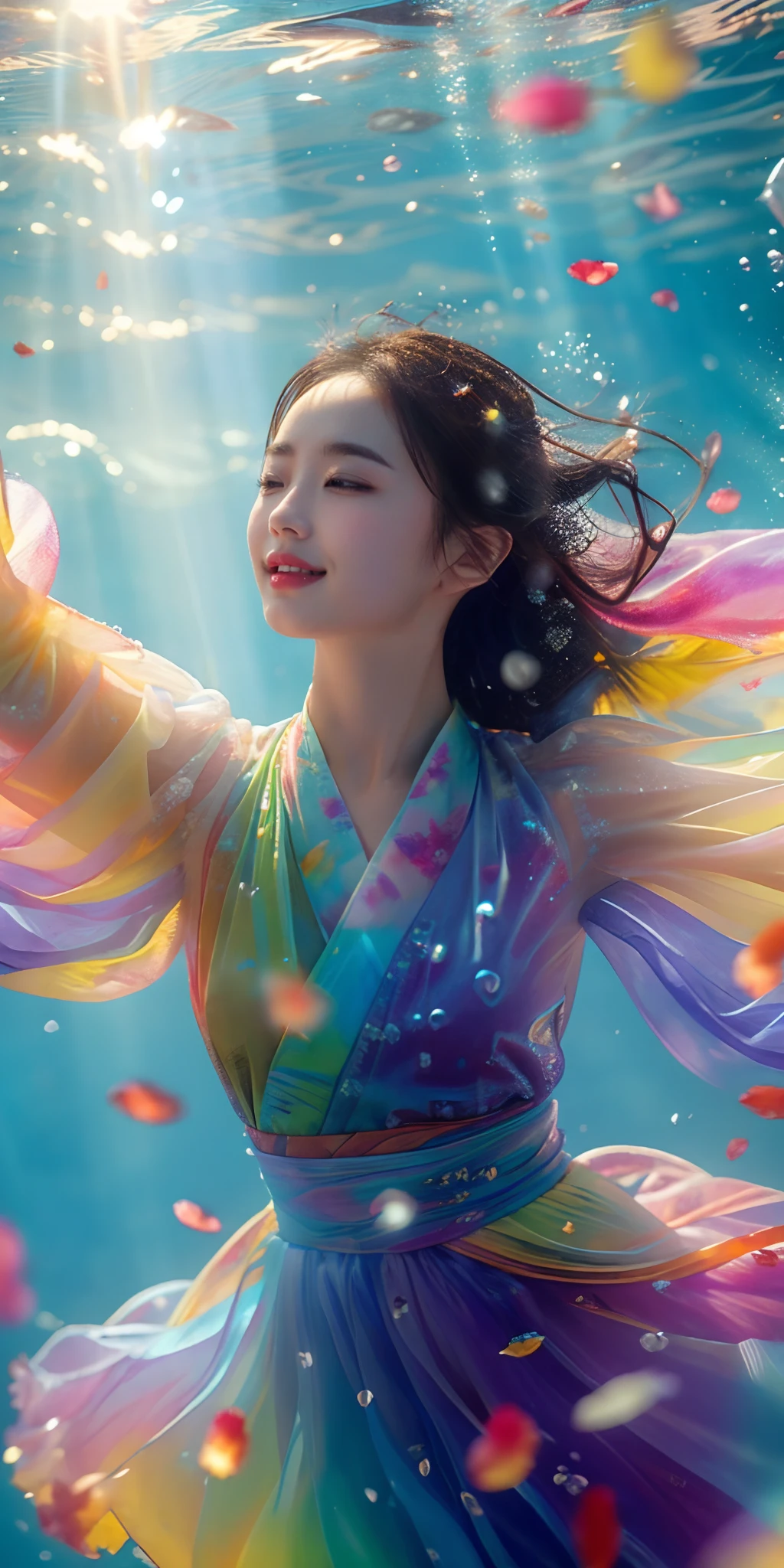 1girl,solo,water,multicolored clothes,see-through,(dancing:1.5),hanfu,upper body,brown hair,sunlight,realistic,<lora:æ±æ_æ°´å­év1.0:0.7>,laughing,underwater,masterpiece,best quality,close-up,lens_flare,(Cinematic Lighting:1.2),(petals:1.1),(colorful:1.4),(dynamic_angle:1.6),