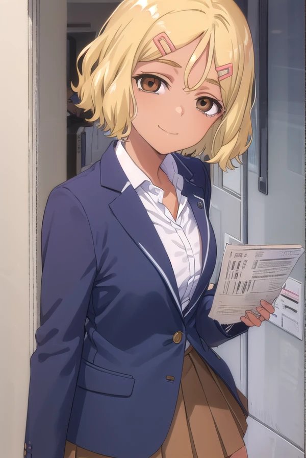 ijiranaidesakura, <lora:ijiranaide sakura s1s2-lora-nochekaiser:1>,
sakura, short hair, blonde hair, hair ornament, (brown eyes:1.5), hairclip, dark skin, dark-skinned female, smile,
BREAK skirt, school uniform, pleated skirt, shoes, socks, loafers, gyaru, loose socks, kogal,
BREAK indoors, classroom,
BREAK looking at viewer, (cowboy shot:1.5),
BREAK <lyco:GoodHands-beta2:1>, (masterpiece:1.2), best quality, high resolution, unity 8k wallpaper, (illustration:0.8), (beautiful detailed eyes:1.6), extremely detailed face, perfect lighting, extremely detailed CG, (perfect hands, perfect anatomy),