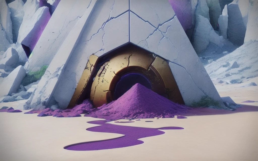 a land full of geometric shapes made of (white stone:1.1) with (purple rifts:1.1) lighting areas, there is (purple sand:1.1) (falling:1.1) and (yellow metal:1.1) parts, with (metal objects:1.1) floating about, <lora:Realm_of_the_Nine:1.0>
