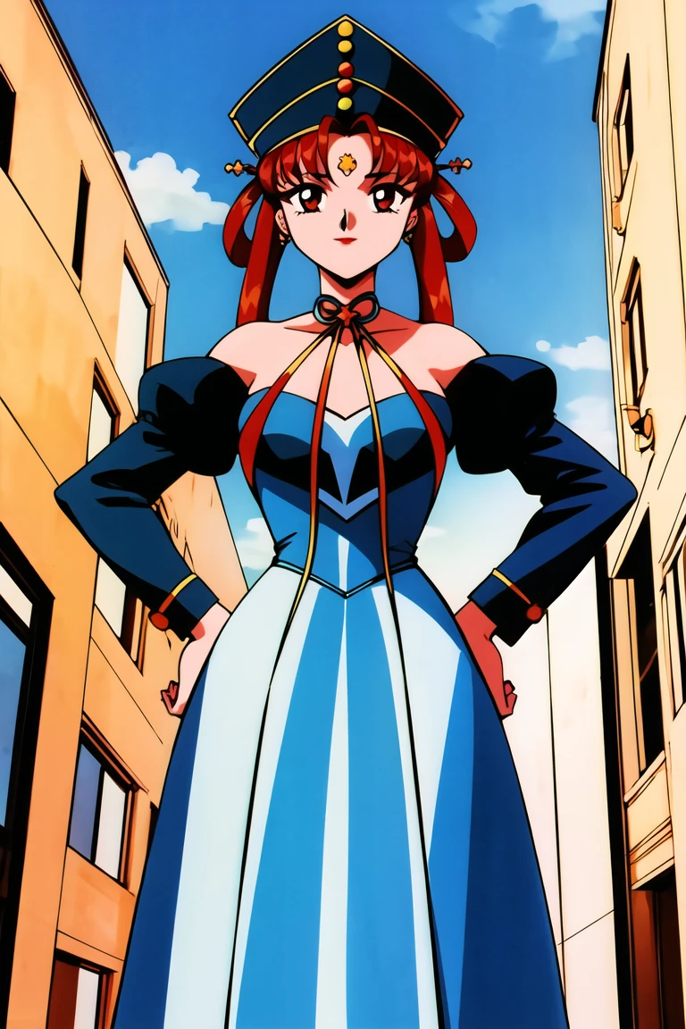 masterpiece,best quality,highres,<lora:Princess Kakyuu:0.6>,Princess Kakyuu,1990s \(style\),makeup,1girl,red hair,retro artstyle,solo,hair rings,red eyes,hat,forehead mark,looking at viewer,cowboy shot,city,halterneck,long skirt,hands on hips,