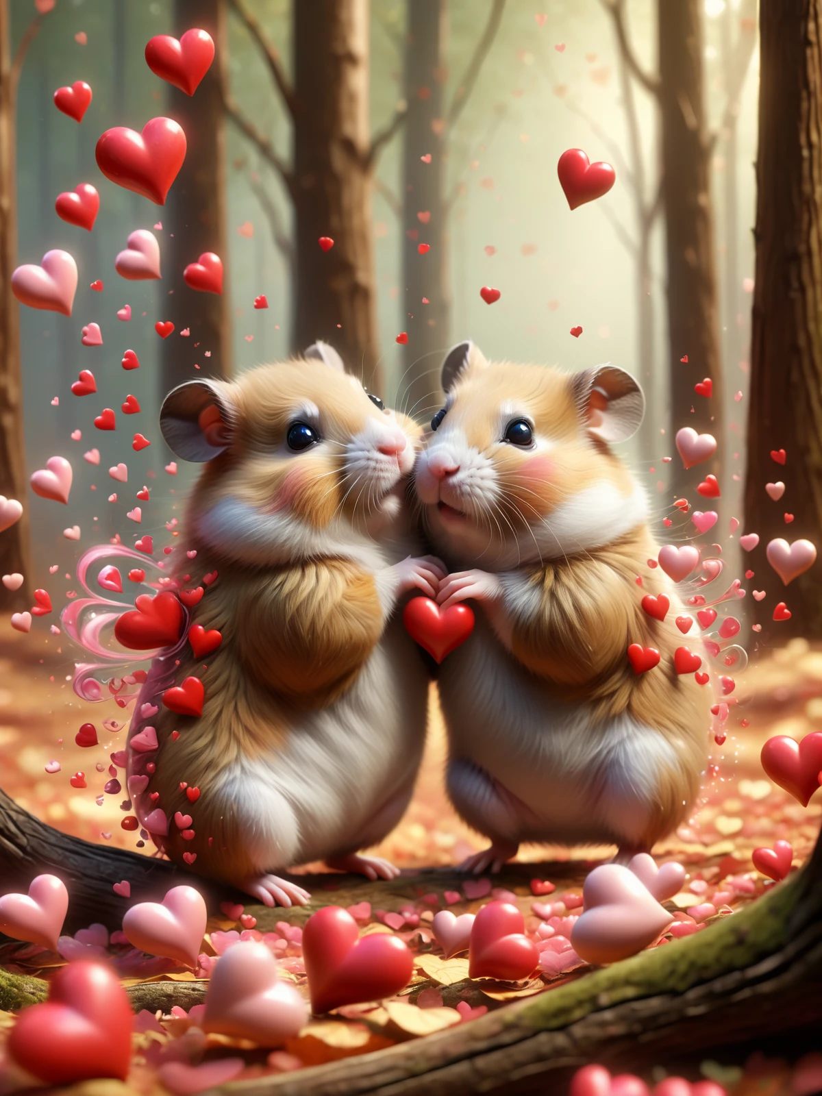 two hamster cuddling in the forest, mad-love hearts swirling around <lora:Love_is_in_the_air_SDXL:1>, (masterpiece:1.2), best quality, (hyperdetailed, highest detailed:1.2), high resolution textures
