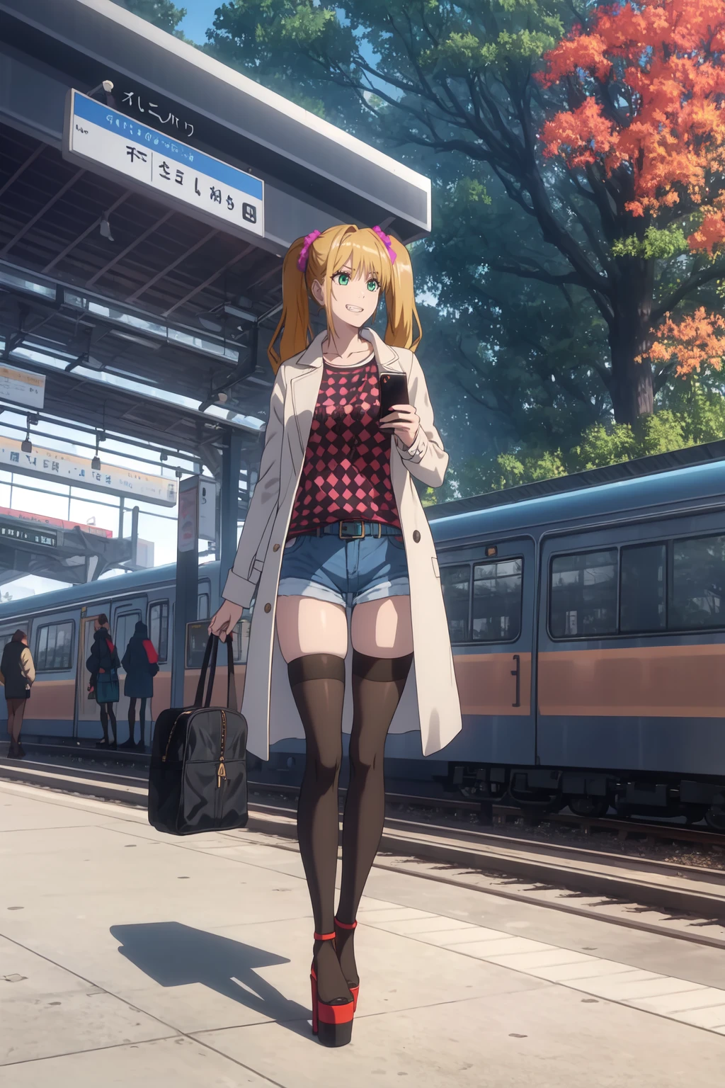 highres, high quality, masterpiece, intricate details, cinematic lighting,
NikaidoNao, 1girl, standing, holding phone, ful body,
looking down, looking at object, amused, teeth,
green eyes, blonde hair, long hair, twintails, hair scrunchie,
breasts, thighs, curvy,
checkered coat, two-tone shirt, clothes writing, denim shorts, black thighhighs, platform heels,
outdoors, morning, sunrise, autumn, train station, tree, park,
<lora:NikaidoNao:0.95>