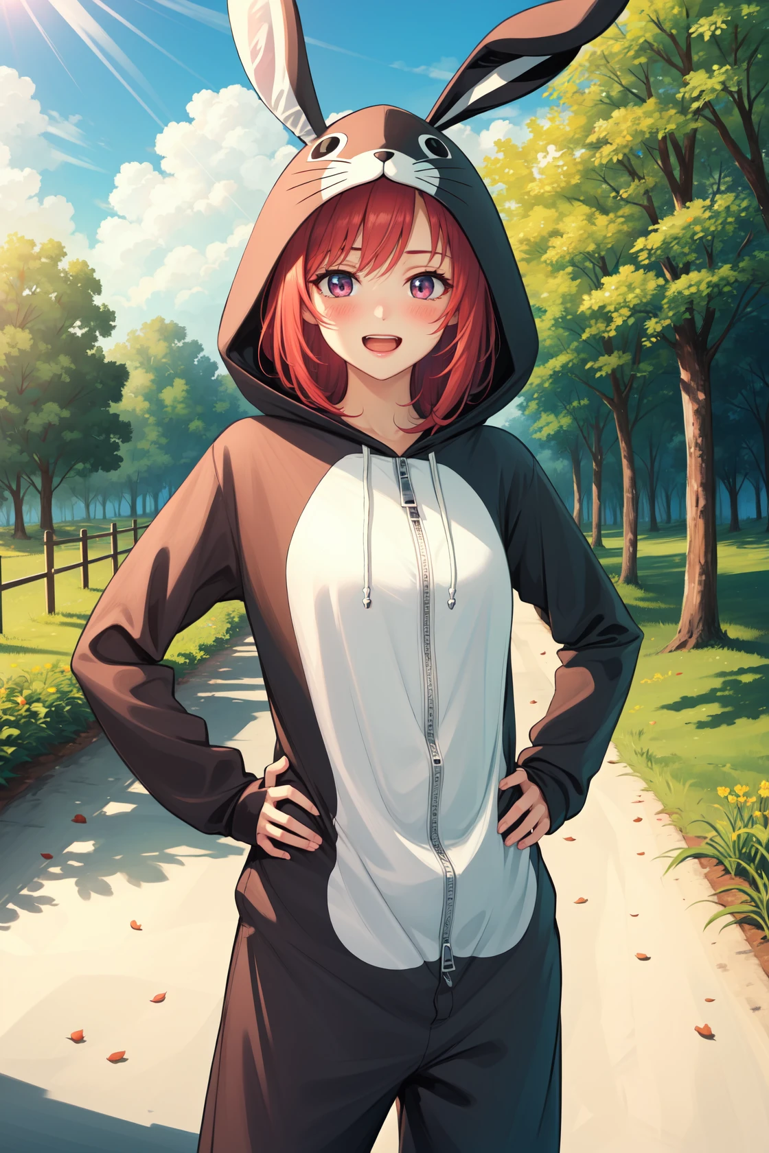 masterpiece, best quality, highres,
PajamAnimal, 1girl, solo, blush, animal ears, bunny ears, hood, hoodie, animal hood, animal costume, bunny hood, bunny costume, pajamas, bunny tail,
cowboy shot, hands on hips, looking at viewer, forest, sunlight, cloudy, laughing, <lora:Concept_Pajamas:1>