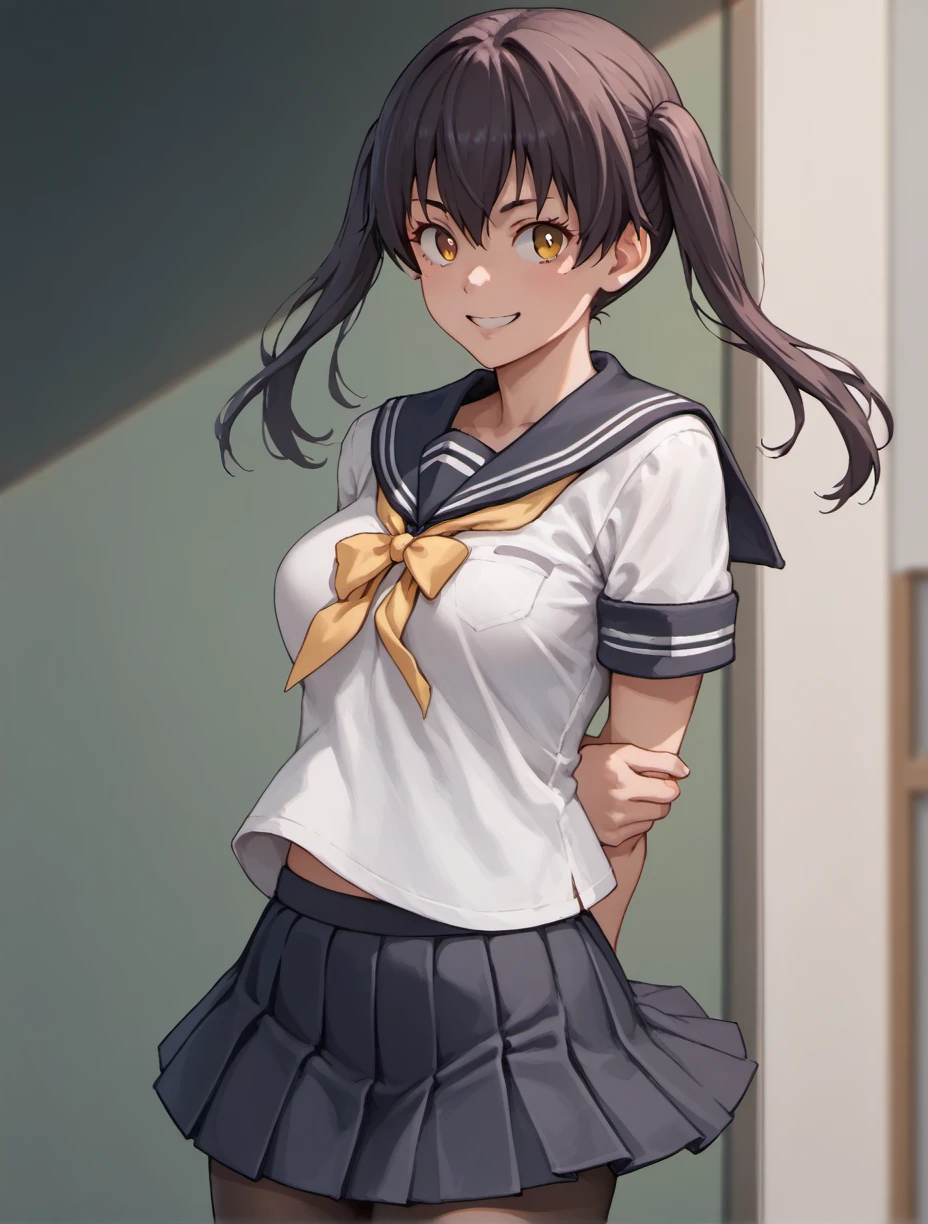 (masterpiece:1.2, highest quality), (Realistic,Beautiful anime illustrations), (looking at viewer,whole body:1.3)woman,high school girl,bangs, Large Breasts,Beautiful Lips,Beautiful Hair, Beautiful Face, Beautiful details, Beautiful body, Beautiful breasts, Beautiful thighs, Beautiful legs, Beautiful fingers,(Collared short-sleeved shirt, Sailor shirt, Pleated mini skirt), blush,(Underarm:1.3),Flowing sweat,(Looking up from below the front),(A shirt wet from heavy rain),(View your viewers,ponytail),Yellow ribbon hair clip,((armpits))