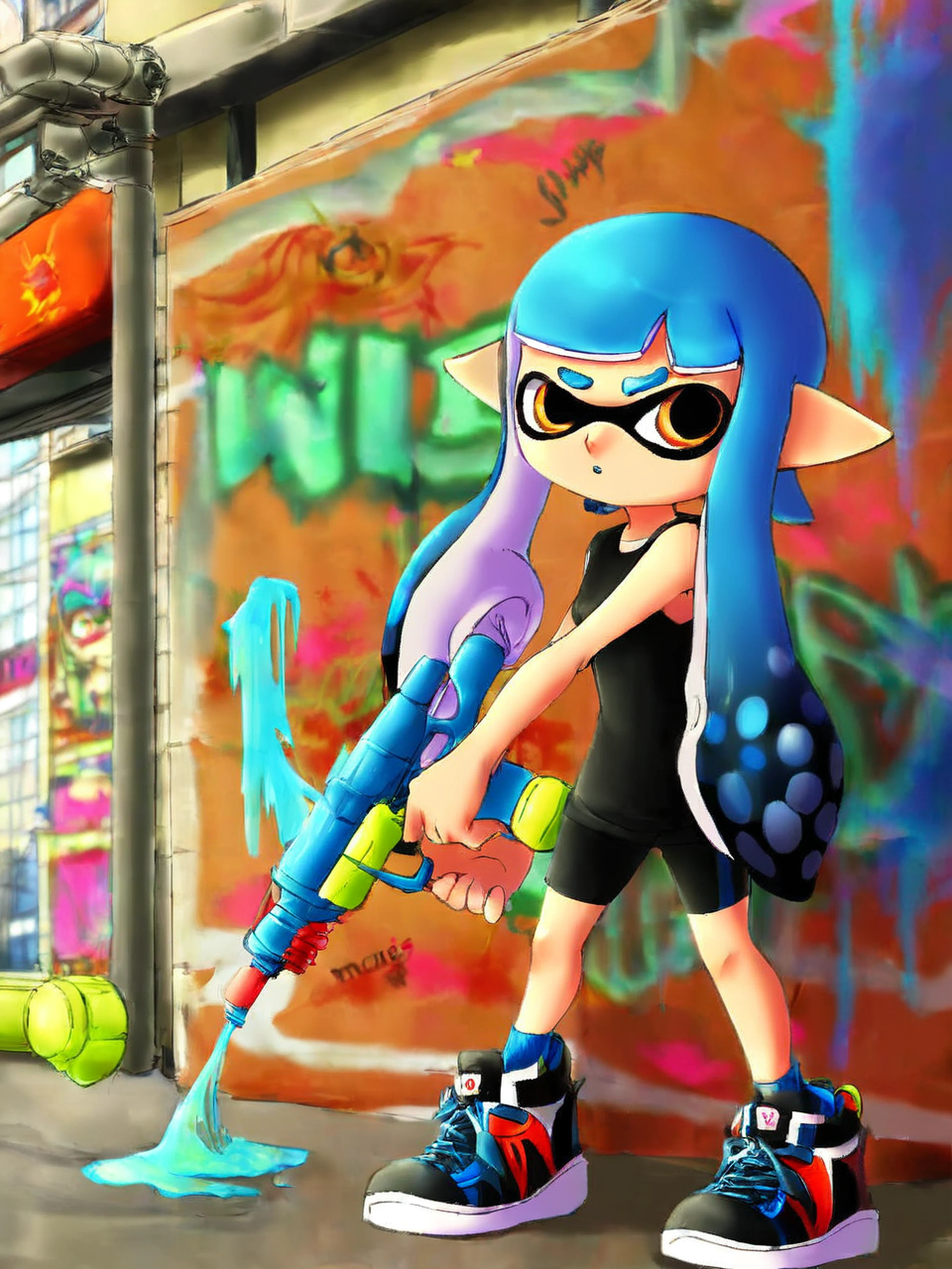 <lora:add-detail-xl:1> <lora:AiArtsChannel_Inkling:1> inkling, water gun, blue hair, in a city, murales, graffiti