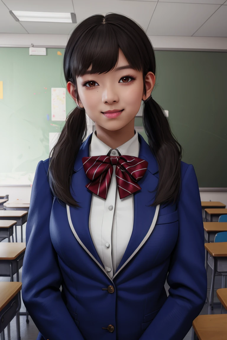 koda,brown eyes,black hair,twintails,
blue jacket,striped bow,white shirt,pleated skirt,arms behind back,
looking at viewer,light smile,leaning forward,
classroom,
standing,
(insanely detailed,masterpiece, best quality),solo,<lora:KodaMami:0.8>,