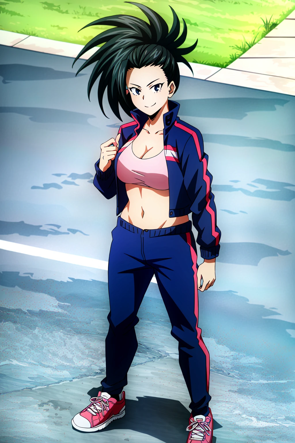 (extremely detailed CG unity 4k wallpaper),(masterpiece),(best quality),(ultra-detailed),(best illustration),(best shadow),(absurdres),(detailed background) <lora:OGT_Momo_Yoayorozu-v1:1> Momo Yaoyorozu, 1girl, solo, yaoyorozu momo, breasts, black hair, navel, cleavage, jacket, full body, pants, midriff, track pants, open clothes, open jacket, hair pulled back, ponytail, looking at viewer, black eyes, standing, shoes, blue jacket, crop top, hand up, blue pants, sports bra, closed mouth, pink footwear, track jacket, long hair, smile, red footwear, large breasts, track suit, high ponytail, arm at side, indoors