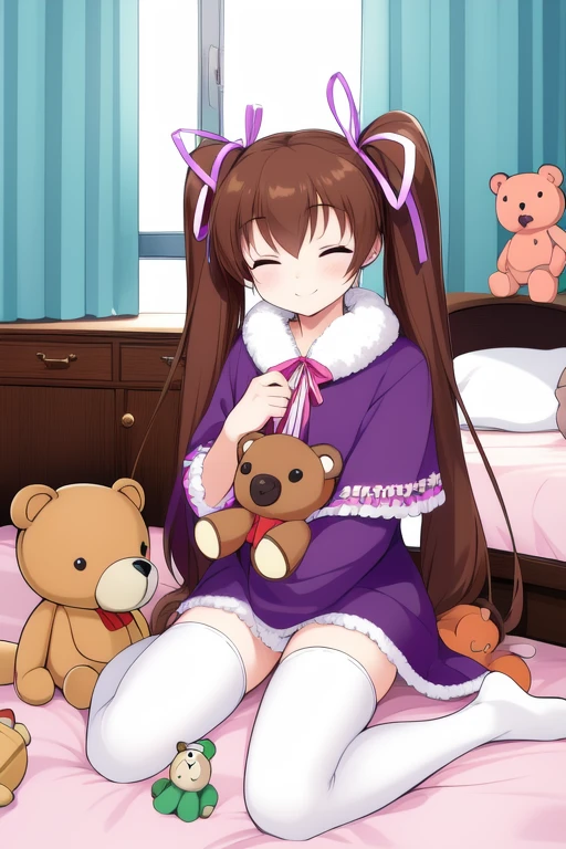 aizawatomomi, 1girl, solo, thighhighs, brown hair, twintails, stuffed toy, stuffed animal, closed eyes, long hair, white thighhighs, ribbon, smile, hair ribbon, bed, teddy bear, sitting, bed, room,
masterpiece, high quality, very_high_resolution, large_filesize, full color,