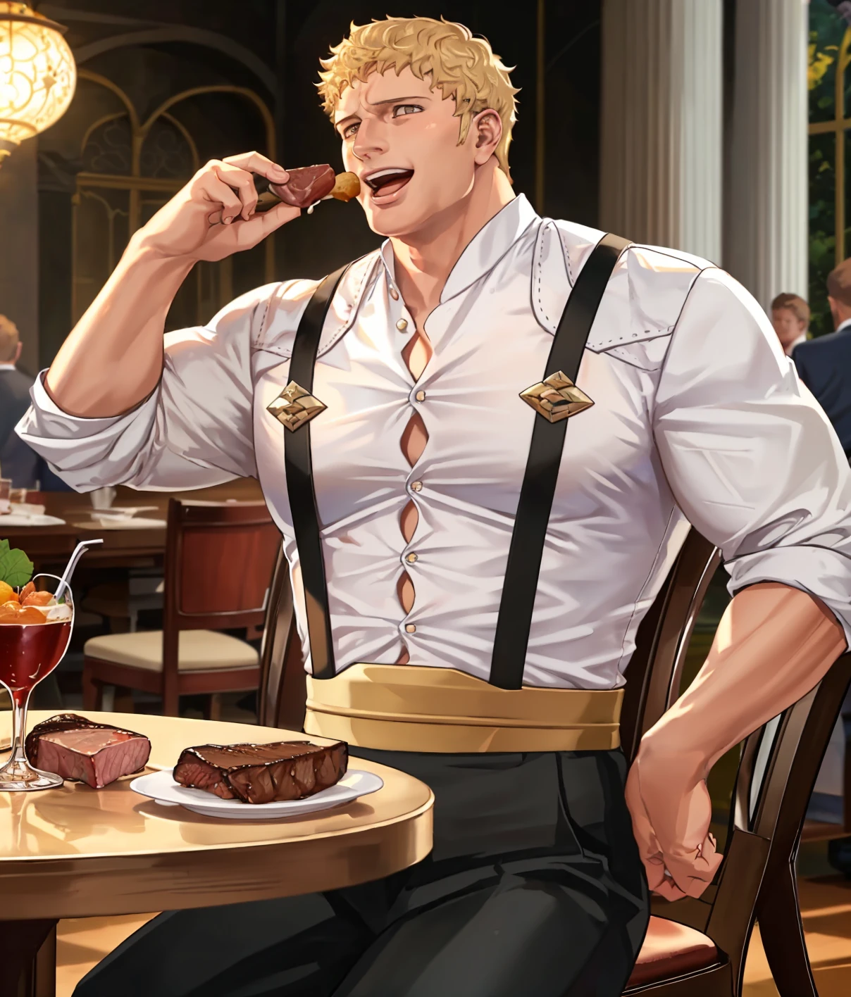 masterpiece, 1boy, sitting, happy, open mouth, table, chair, food, eating, holding meat, <lora:RaphaelFE3H-bsinky-v1:0.8> defRaphael, muscular, white shirt, partially unbuttoned, black pants, suspenders, indoors