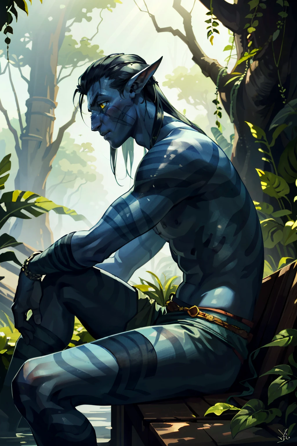 ((ultra detailed, masterpiece, absurdres))
<lora:AvJakeSully:0.9>
AvJakeSully,1boy,blue skin,yellow eyes, Royal botanical garden, dynamic sunlight filtering through trees, detailed blooming flowers , sitting_side_profile_right