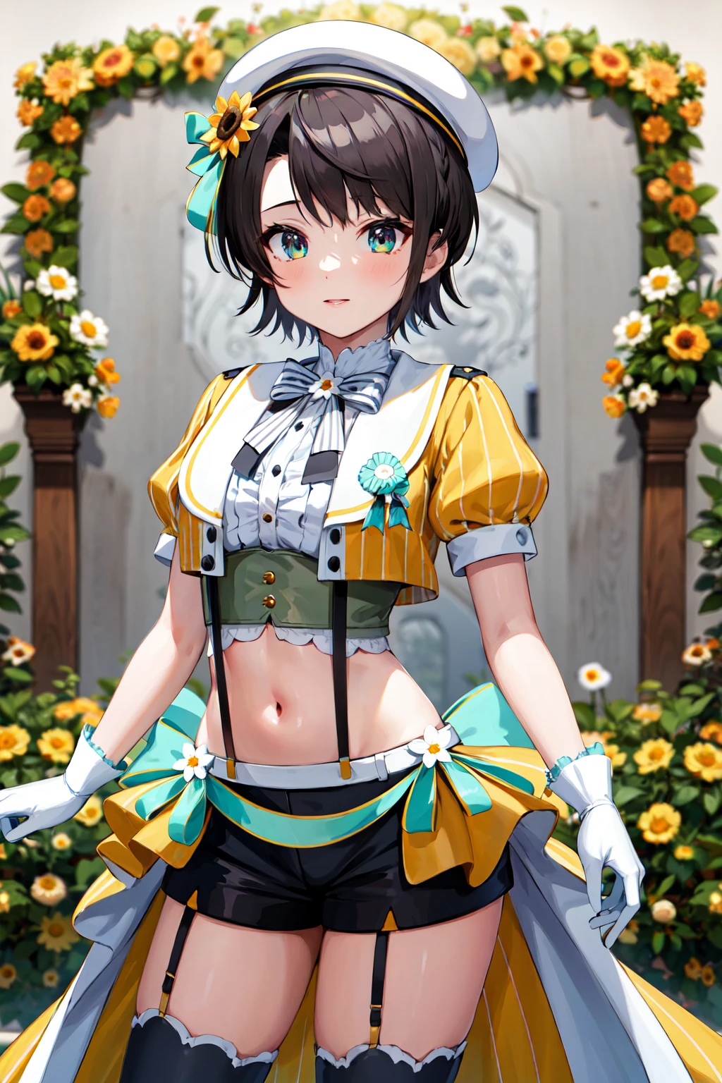 masterpiece, best quality, highres, hhsubaru, short hair, white headwear, hat flower, bowtie, cropped jacket, yellow jacket, puffy sleeves, short sleeves, white gloves, midriff, suspender shorts, black shorts, showgirl skirt, yellow skirt, garter straps, white thighhighs, <lora:oozora_subaru_v1:0.8>, standing, cowboy shot