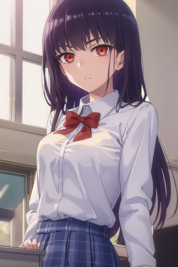 sanasunomiya, <lora:sana sunomiya s1s2-lora-nochekaiser:1>,
sana sunomiya, long hair, bangs, black hair, (red eyes:1.4), hime cut, (ringed eyes:1.5)
BREAK skirt, shirt, long sleeves, bow, school uniform, white shirt, pleated skirt, collared shirt, bowtie, red bow, blue skirt, red bowtie, shirt tucked in,
BREAK indoors, classroom,
BREAK looking at viewer, (cowboy shot:1.5),
BREAK <lyco:GoodHands-beta2:1>, (masterpiece:1.2), best quality, high resolution, unity 8k wallpaper, (illustration:0.8), (beautiful detailed eyes:1.6), extremely detailed face, perfect lighting, extremely detailed CG, (perfect hands, perfect anatomy),