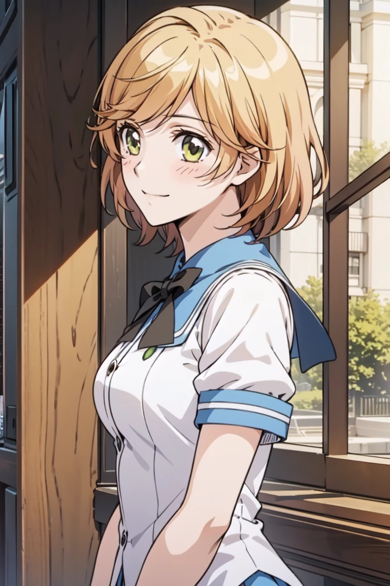 1girl, solo, smile, blush, corda kanade, school uniform, bowtie, (green eyes), yellow hair