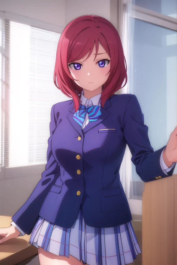makinishikino, <lora:maki nishikino s1-lora-nochekaiser:1>,
maki nishikino, short hair, (purple eyes:1.1), red hair,
BREAK skirt, school uniform, jacket, blazer, winter uniform, otonokizaka school uniform,
BREAK indoors, classroom,
BREAK looking at viewer, (cowboy shot:1.5),
BREAK <lyco:GoodHands-beta2:1>, (masterpiece:1.2), best quality, high resolution, unity 8k wallpaper, (illustration:0.8), (beautiful detailed eyes:1.6), extremely detailed face, perfect lighting, extremely detailed CG, (perfect hands, perfect anatomy),