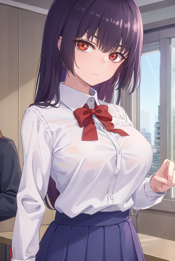 sanasunomiya, <lora:sana sunomiya s1s2-lora-nochekaiser:1>,
sana sunomiya, long hair, bangs, black hair, (red eyes:1.4), hime cut, (ringed eyes:1.5)
BREAK skirt, shirt, long sleeves, bow, school uniform, white shirt, pleated skirt, collared shirt, bowtie, red bow, blue skirt, red bowtie, shirt tucked in,
BREAK indoors, classroom,
BREAK looking at viewer, (cowboy shot:1.5),
BREAK <lyco:GoodHands-beta2:1>, (masterpiece:1.2), best quality, high resolution, unity 8k wallpaper, (illustration:0.8), (beautiful detailed eyes:1.6), extremely detailed face, perfect lighting, extremely detailed CG, (perfect hands, perfect anatomy),