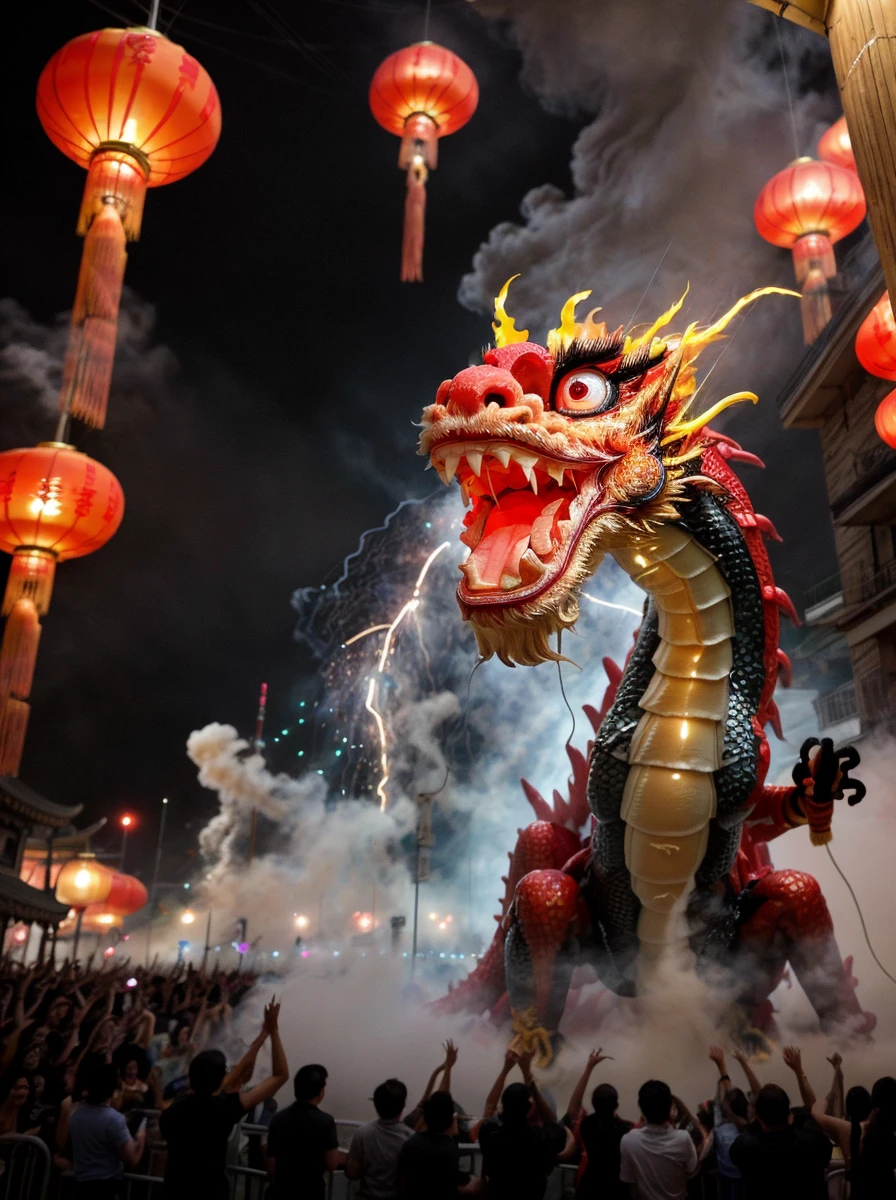 <lora:quiron_lunarNewYear2024_v1_lora:0.87> lunarNewYear2024quiron,festival party, lights, fireworks, chinese festival, crowded, new year celebration ,
claws, dragon, east asian architecture, fine art parody, lunar new year 2024 quiron, lunarnewyear2024quiron, open mouth, paper lantern, realistic, sharp teeth, tail,
eastern dragon, scales, crocodile nose, red (Chinese lanterns )in background, fog, fireworks and fog far background, fire, lighting, glowing dragon scales, intricate detailed, In the absence of logic, chaos prevails... The feeling of excitement is an electrifying surge that courses through your veins, setting your heart racing and your senses on high alert. It's a captivating energy that sparks in your chest, radiating outwards with a tingling intensity that makes every nerve ending come alive. Your heart beats faster, a rhythm that quickens with each passing second, as if it's racing to keep up with the rush of emotions. Adrenaline surges through your body like a wave of exhilaration, filling you with a potent mix of anticipation and delight. Your senses sharpen, as if a spotlight has been cast on the world around you. Every sound becomes more vivid, every sight more vibrant, and every touch more tingling. It's as if your entire being is tuned in to the moment, ready to absorb every sensation with a heightened intensity. A wave of happiness and eagerness washes over you, a feeling that's almost like a bubbling spring of joy that can't be contained. Your mind is alight with possibilities, and your spirit is ignited with a sense of adventure and anticipation for what's to come. Time seems to warp and twist, with moments feeling both fleeting and endless. The future stretches out before you like an open road, brimming with opportunities and experiences that promise to ignite your passion and stir your curiosity. The feeling of excitement is like being on the cusp of something extraordinary, a moment when the world is full of potential and every heartbeat reverberates with the promise of adventure. It's a rush of emotions that fills your chest with a buzzing energy, reminding you of the boundless wonder that life has to offer.,