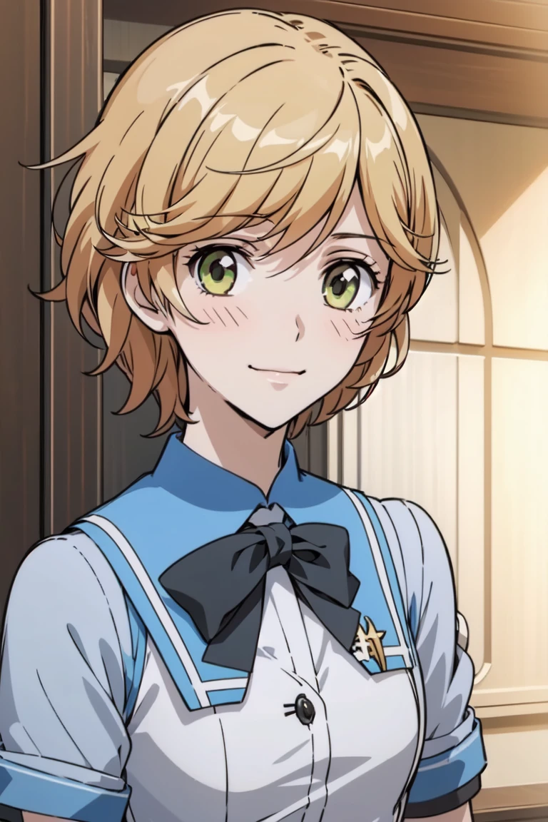 1girl, solo, smile, blush, corda kanade, school uniform, bowtie, (green eyes), yellow hair