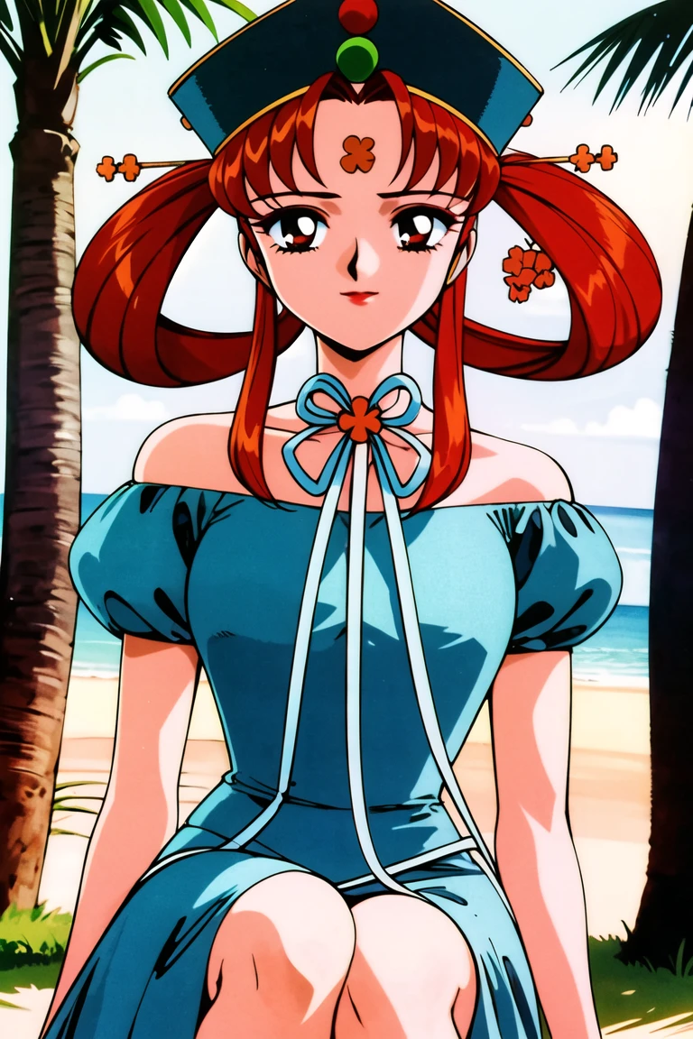 
1990s (style), 1980s (style), retro artstyle, a girl, long red hair, brown eyes, wavy hair, fit body, white pearl necklace, best quality, masterpiece, in the stone age, 