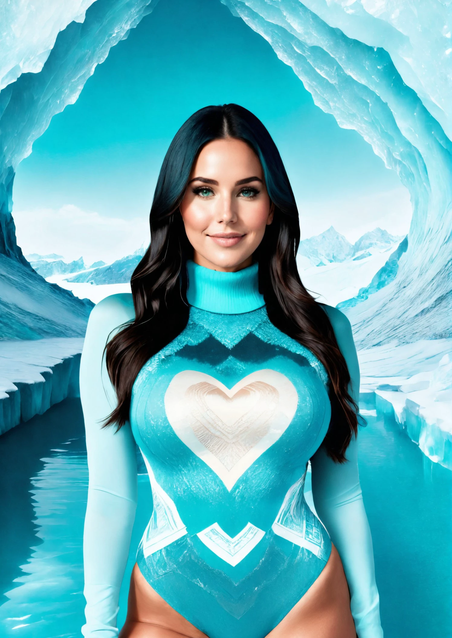 woman wearing sleefest with Beige heart decoration with leotard bottom. matching stockings with Turquoise decoration, turtleneck, ,
solo, long hair, looking at viewer, smile, aqua hair, standing, lips,
basety style , ([Angie( :0)Harmon|darcie dolce|Jennifer( :0)Lawrence]:0.85) middle shot, closeup,
Glacial ice cave and blue tones
<lora:holiday_outfit_sleefest_xl:0.7>