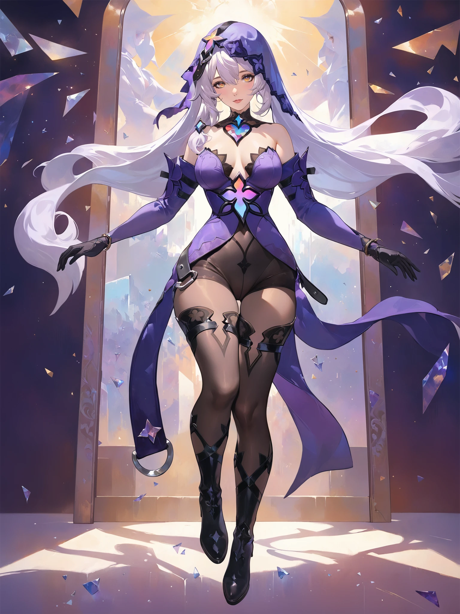 masterpiece, high quality, perfect features, 1girl, solo, nsfw, blackswan, broken mirror, glass shards, floating in air, looking at viewer, (detailed pantyhose texture), thighhigh boots, bare shoulders, yellow gradient eyes, magical lighting, ultimate, (painterly, fine art, impressionistic style, ephemeral, dreamlike), <lora:BlackSwan_v03:0.9>, symmetrical background