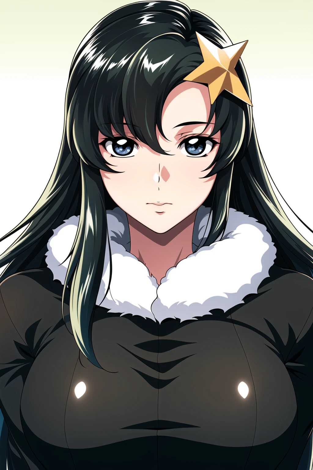 Simple Green Background,
black shirt,long sleeves, fur trim,
<lora:Meer_Campbell_SeedD-KK77-V1:0.7>,star hair ornament,meer campbell,
blue eyes, Green hair,bangs,Long hair,
<lora:Oda_Non_Style-KK77-V2:0.3>,<lora:more_details:0.1>,
1 girl, 20yo,Young female,Beautiful long legs,Beautiful body,
Beautiful Nose,Beautiful character design, perfect eyes, perfect face,expressive eyes,perfect balance,
looking at viewer,(Focus on her face),closed mouth, (innocent_big_eyes:1.0),(Light_Smile:0.3),
official art,extremely detailed CG unity 8k wallpaper, perfect lighting,Colorful, Bright_Front_face_Lighting,White skin,
(masterpiece:1.0),(best_quality:1.0), ultra high res,4K,ultra-detailed,
photography, 8K, HDR, highres, absurdres:1.2, Kodak portra 400, film grain, blurry background, bokeh:1.2, lens flare, (vibrant_color:1.2),professional photograph,
(Beautiful,large_Breasts:1.4), (beautiful_face:1.5),(narrow_waist),