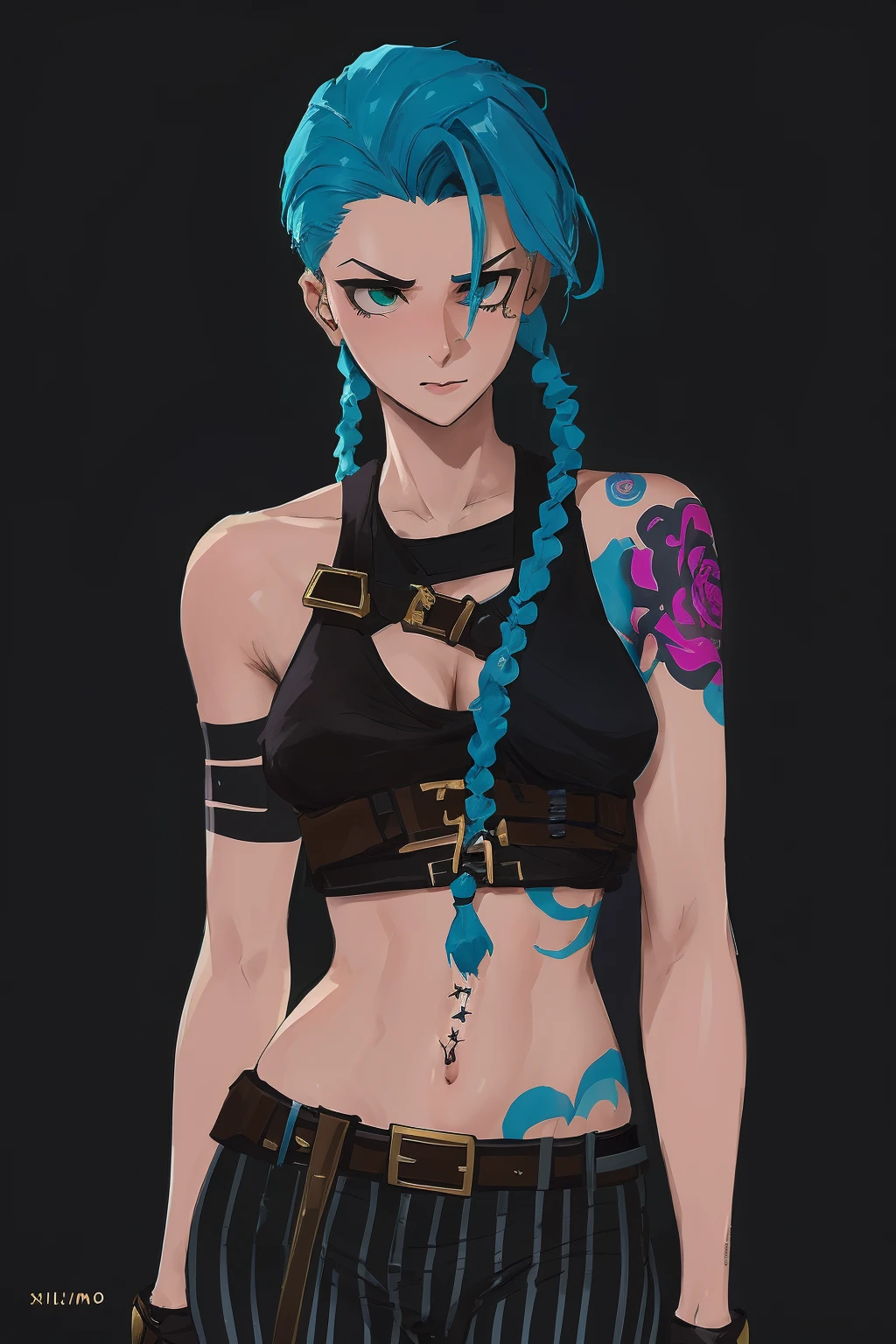 jinx \(league of legends\), arcane jinx, 1girl, alternate breast size, arm tattoo, asymmetrical bangs, bare shoulders, blue hair, braid, breasts, cloud tattoo, crop top, gloves, long hair, medium breasts, navel, pants, shoulder tattoo, solo, striped clothes, striped pants, tattoo, twin braids, black background, xilmo