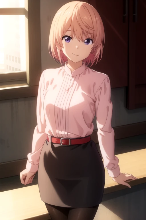 ((masterpiece)),(best quality),official art,extremely detailed CG,unity 8k wallpaper,ultra detailed,beautiful detailed eyes,extremely detailed face,1girl,solo,cowboy shot,looking at viewer,facing viewer,smile,short_hair,blonde_hair,bangs,purple_eyes,pink_shirt,long_sleeves,shirt_tucked_in,white_belt,pencil_skirt,purple_skirt,black_pantyhose,high_heels,red_footwear,<lora:Oshieda Atsuko(ag)>,