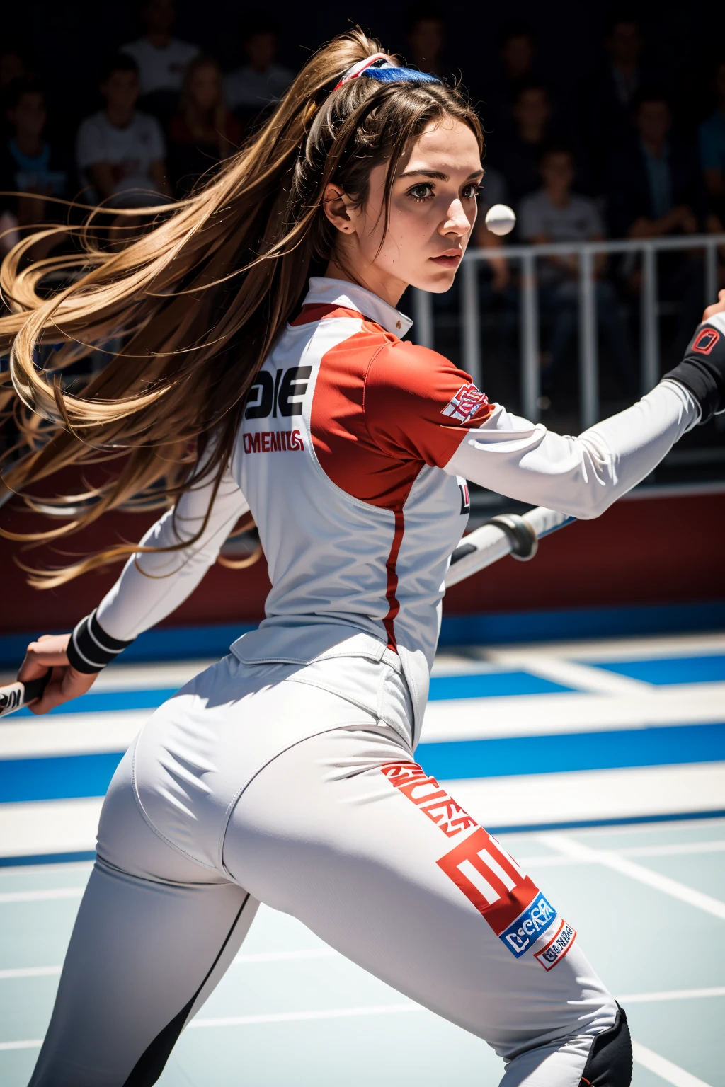 one woman long hair, fencer1 <lora:Fencer:0.45>, facing opponent,