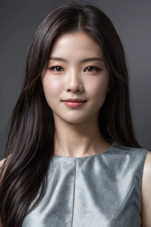 masterpiece, best quality, ultra-detailed, ultra high res, (photorealistic:1.4), raw photo, (realistic:0.2), 8k HDR, realistic lighting, 1girl, solo, (looking at viewer), smile, asymmetrical hair, (detailed skin), (detailed face), (simple gray background :1.1), (full body:1.5), simple dress, sleeveless,