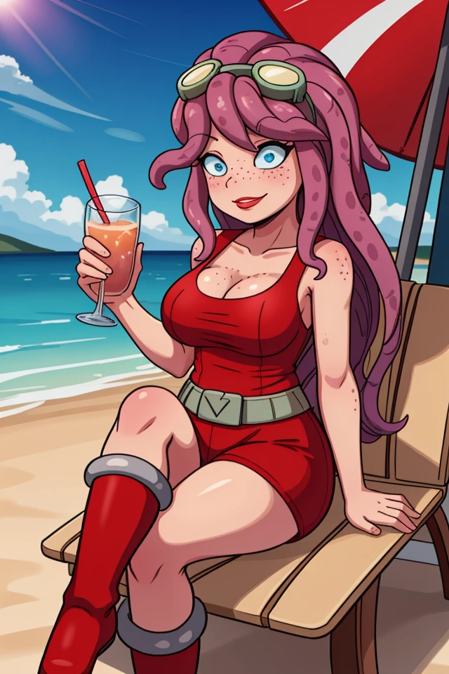 <lora:PAseer-SD15-LCM Quick:1>
detailed background, beach, sun, sea, sitting in a beach chair, sipping a tropical drink, beach umbrella,
<lora:CocoNebulon_v2:1> CocoNebulon, tentacle_hair, purple_skin, mottled skin, glowing blue eyes, blue sclera, red lips, nude, large breasts, goggles on head, body freckles, no nose, (tentacle hair: 1.2), red tanktop, red shorts, red boots, bronze shoulderpads, white belt, goggles on head, smile,
