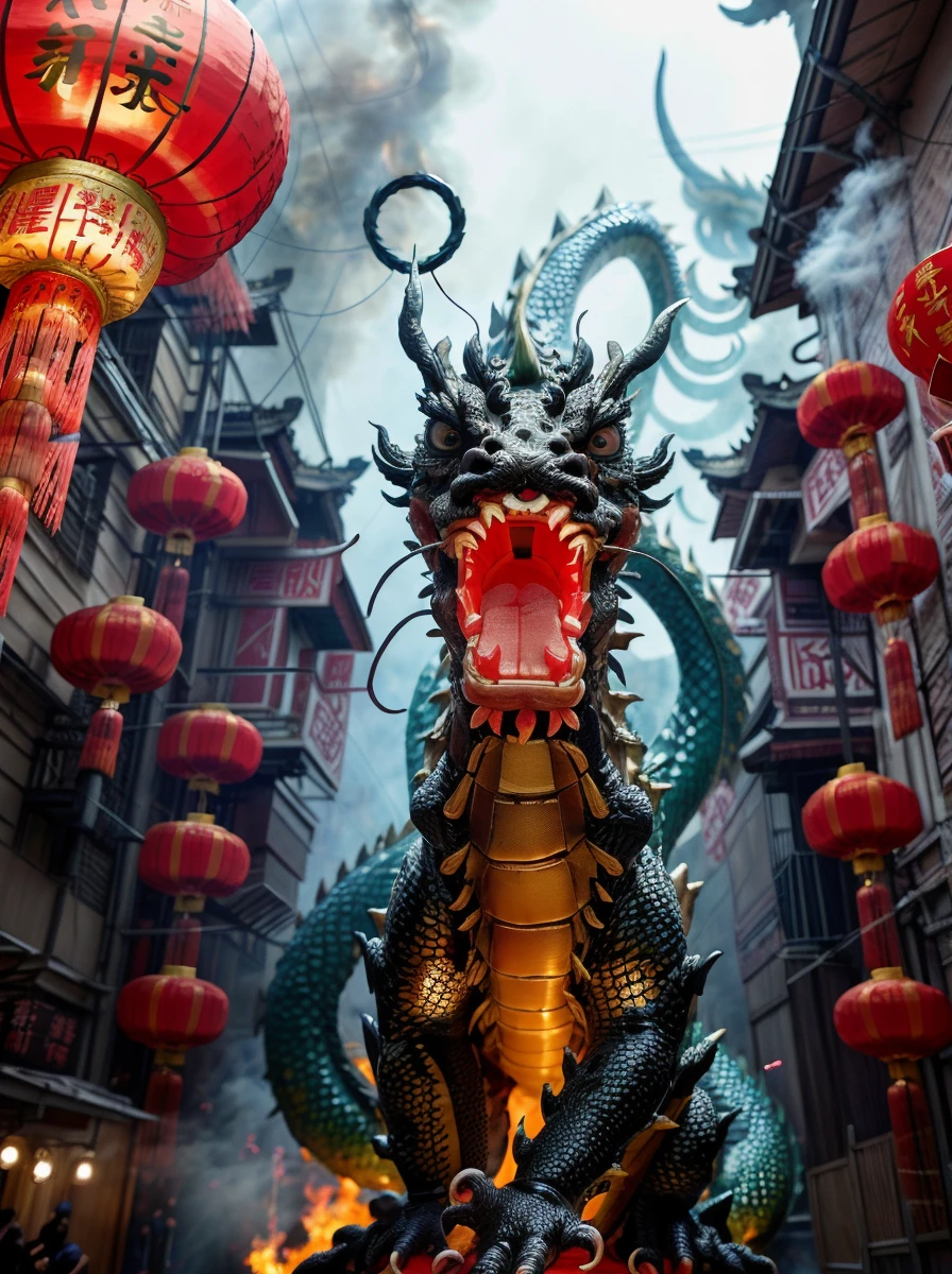 <lora:quiron_lunarNewYear2024_v1_lora:0.87> lunarNewYear2024quiron,festival party, lights, fireworks, chinese festival, crowded, new year celebration ,
claws, dragon, east asian architecture, fine art parody, lunar new year 2024 quiron, lunarnewyear2024quiron, open mouth, paper lantern, realistic, sharp teeth, tail,
eastern dragon, scales, crocodile nose, red (Chinese lanterns )in background, fog, fireworks and fog far background, fire, lighting, glowing dragon scales, intricate detailed, A glass bottle covered in red filigree and a pair of rings covered in blue and green filigree on an embroidered cloth, highly detailed, unreal engine, 8k, sharp focus, 100mm wide lens,,
