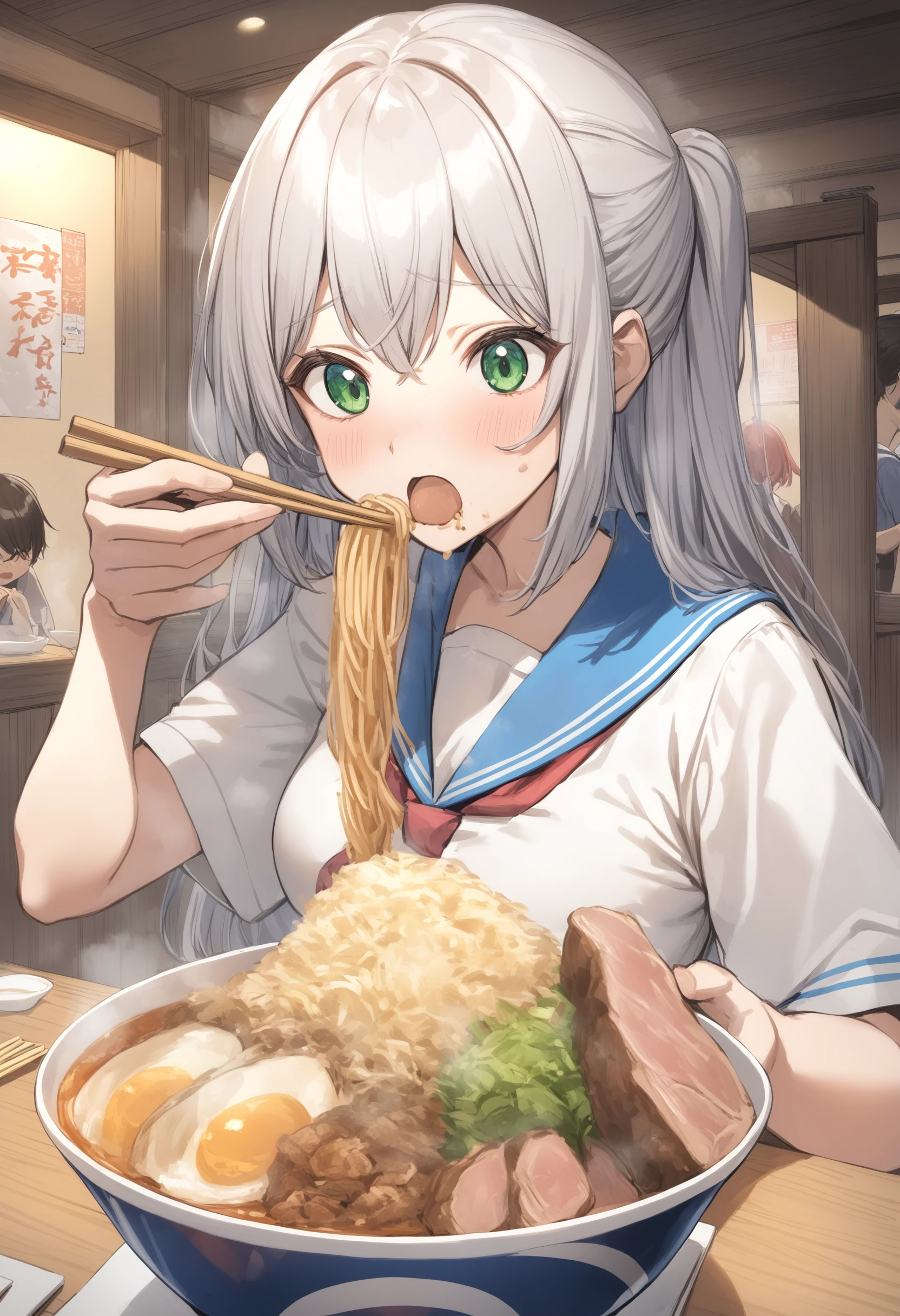 1girl, <lora:sdxl2-flat2-512b:-1>,medium breasts,school uniform,
<lora:jirouXLv1:0.6>,jirou,
food, chopsticks, noodles, ramen, bowl, open mouth,upper body, eating, indoors, egg, meat, vegetable, restaurant,
best quality,medium quality,