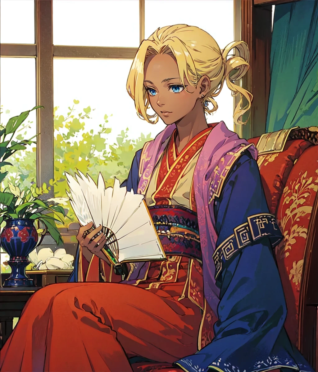 masterpiece, anime screencap, 1girl, solo, blonde hair, dark skin, hair covering one eye, blue eyes, blue outfit, chinese clothes, feather fan, sitting, reading, indoors, office, medieval, full body, cowboy shot <lora:Lucretia:1>