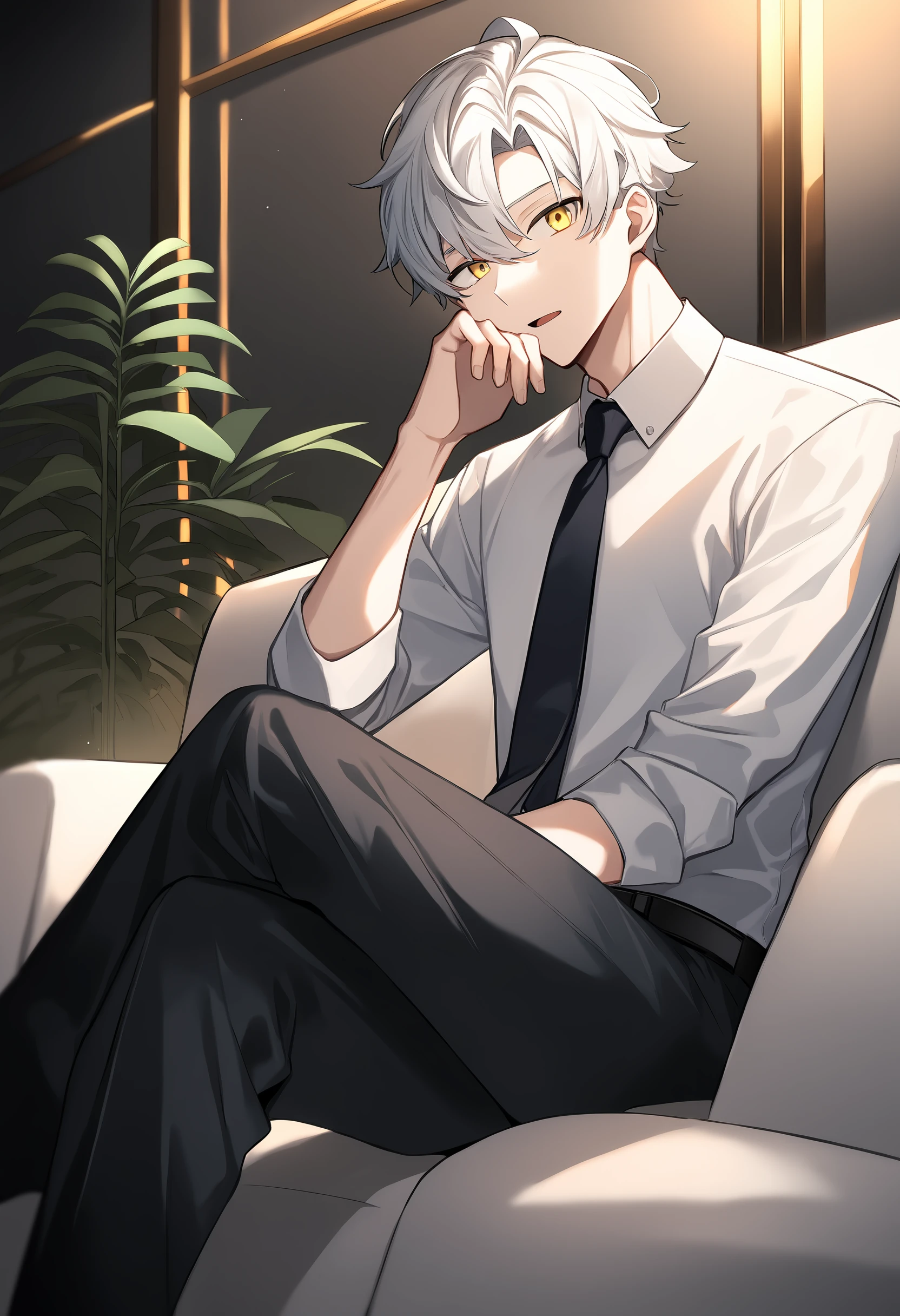 1boy, male focus, sitting, on couch, couch, crossed legs, hand on own face, white shirt, shirt, black pants, pants, necktie, indoors, solo, looking at viewer, open mouth, white hair, yellow eyes, short hair, best quality, amazing quality, best aesthetic, absurdres, year 2023