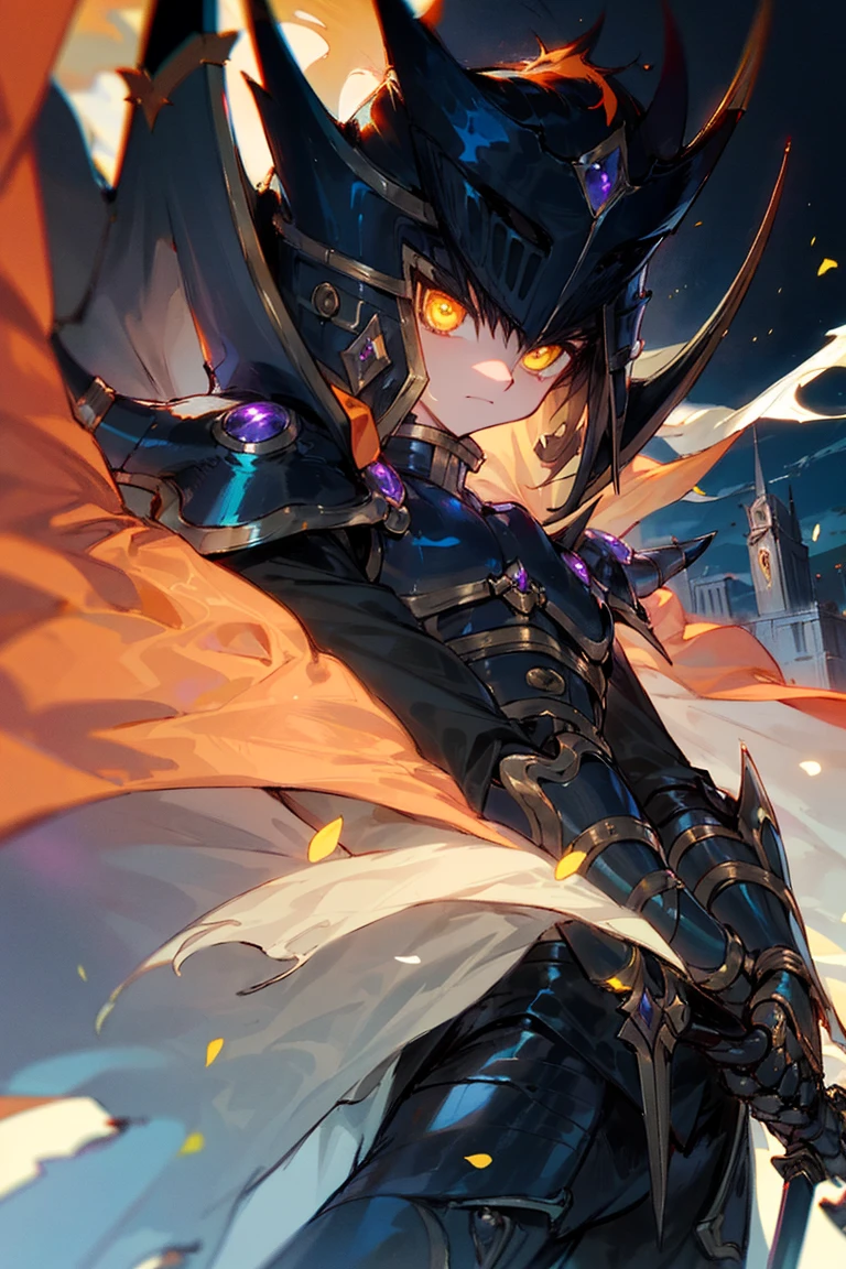 overlord, solo, looking at viewer, cape, 1boy, weapon, sword, helmet, holding, male focus, high collar, gauntlets, orange eyes, black hair, duel monster, glowing eyes, closed mouth, black cape, armor, holding weapon, 1girl, yellow eyes, holding sword, cowboy shot,<lora:ï¼é¸çå代ï¼overlord:0.9>,night,cityscape,building roof,moon,deadpan,, (masterpiece), (best quality), HDR, intricate detail,
